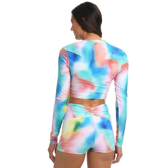 CITRUS Women’s Ruched Crew neck long sleeve‎ rash guard in tie dye multi-Size M - Picture 2 of 6